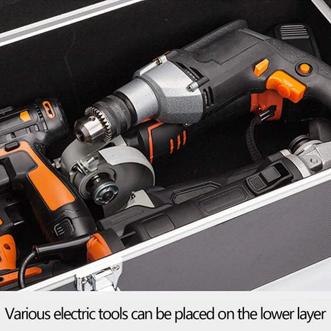 Close-up of All In One Tool Box Organizer For Home DIY And On The Go Foldable Tool Chest with electric tools inside tray