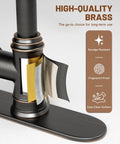 Close-up of oil rubbed bronze kitchen sink faucet showing solid brass material, highlighting smudge-resistant and fingerprint-proof features.