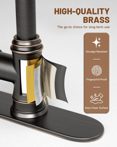 Close-up of oil rubbed bronze kitchen sink faucet showing solid brass material, highlighting smudge-resistant and fingerprint-proof features.
