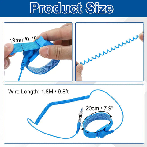 10 Pack Anti Static Wrist Straps Blue 7.9 Inch Perimeter With Alligator Clip ESD Safe Wristbands Adjustable 1.8M For Sensitive Electronics And PCB Work Pro Grade product size details.