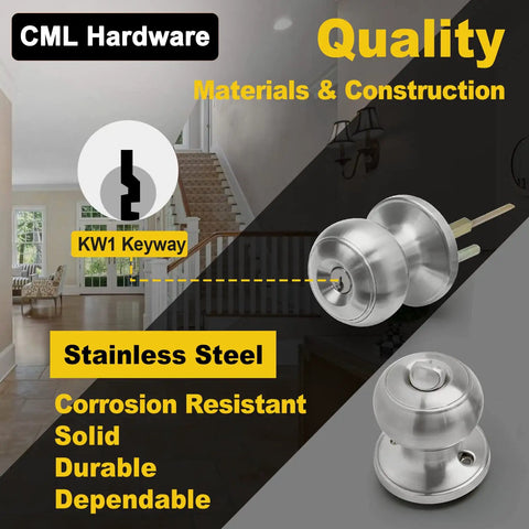 Keyed Entry Door Knob Set In Solid Stainless Steel With Round Ball Handle For Exterior And Interior Doors Built Tough For Everyday Home Use With An Adjustable Latch For Standard Backsets Fits Doors Up To One And Three Quarters Inch Thick One Pack