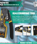 All In One Pass Through RJ45 Crimper Kit With Cable Tester And Stripper For Cat5 To Cat6a, RJ11 RJ12 Connectors Pro Grade Tool