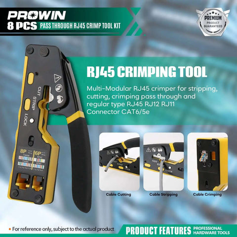 All In One Pass Through RJ45 Crimper Kit With Cable Tester And Stripper For Cat5 To Cat6a, RJ11 RJ12 Connectors Pro Grade Tool
