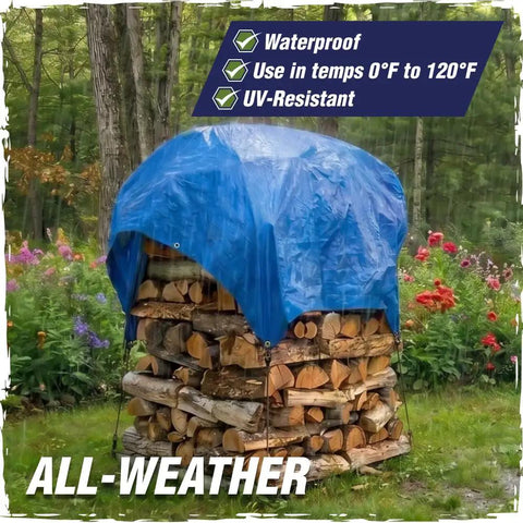 Heavy Duty Waterproof Tarp Outdoors 5 Mil 6x8 Feet With Reinforced Grommets And Corners UV Resistant, covering firewood in rain