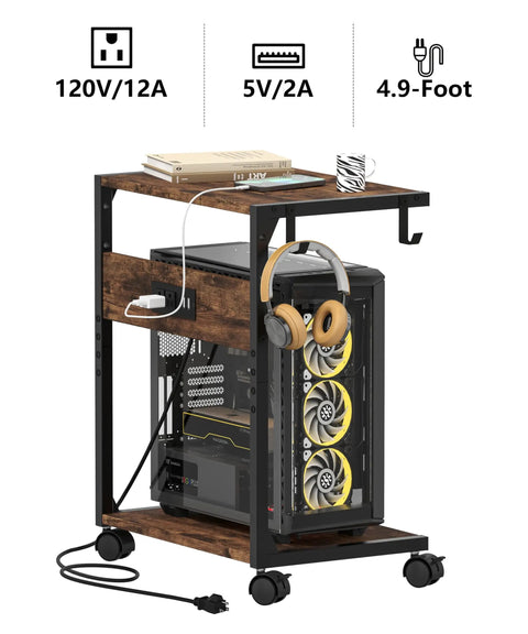 Two Tier Computer Tower Stand With Charging Station, Rolling Under Desk CPU Holder Cart, hooks, with PC and headphones