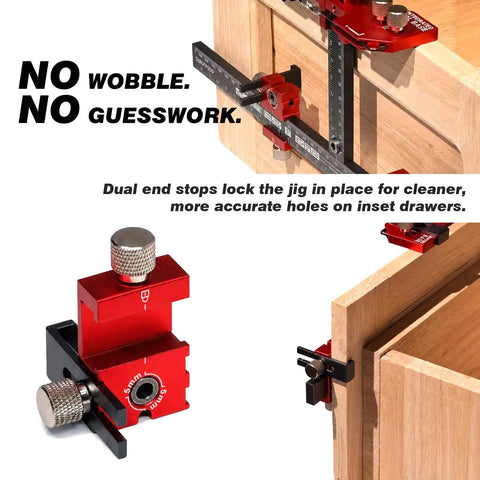 Precision Cabinet Handle Jig With Micro Adjustable Base For Drawer Pull Templates And Hella Smooth Drilling Control showing dual end stops for accuracy.