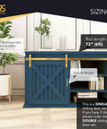 Gold 6Ft Barn Door Hardware Kit With 72 Inch Track For Cabinets TV Stands And Wardrobes shown on blue cabinet