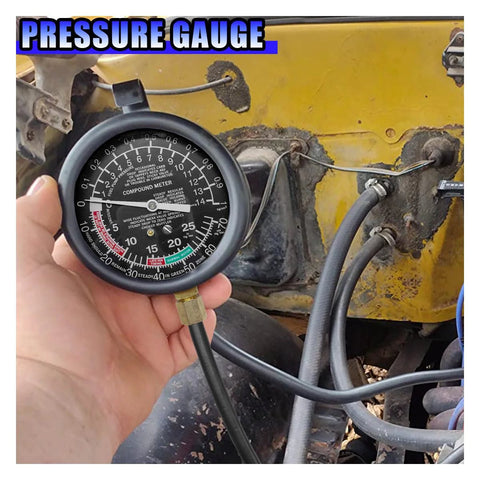 Front view of UHANBUT vacuum and fuel pressure tester gauge kit with black dial and hoses in an engine bay