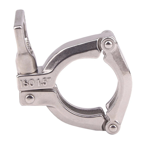 1.5-inch stainless steel tri-clamp sanitary clamp (clover style) with ISO 1.5 marking — close-up