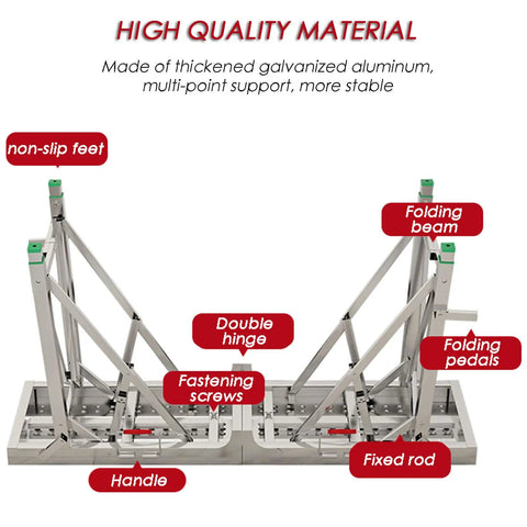 Detailed view of Slick Folding Scaffolding Deck With Quick Adjustable Height Settings For Drywall And RV Projects, highlighting high-quality aluminum features.