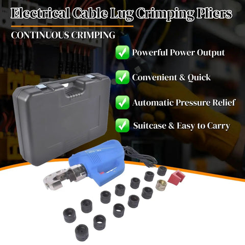 Built Like A Tank 15 Ton Hydraulic Crimping Tool With 14 Die Set Professional Grade For 9 Awg To 800 MCM Cable Designed For Quick Pump Cycling And Zero Hassle Use On Job Sites, in carrying case with dies.