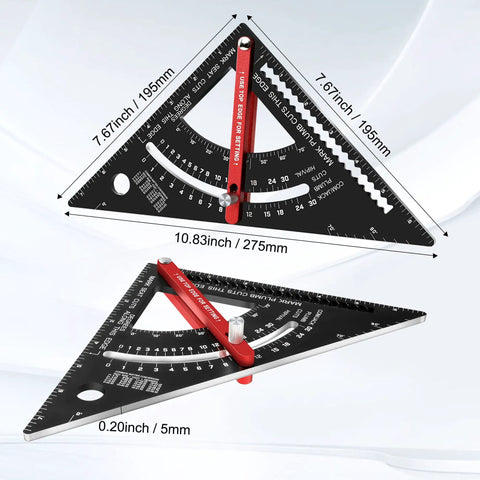 7 Inch Aluminum Rafter Square For Woodworking And Framing Durable Carpenter Layout Tool With Saw Guide Right Angle Protractor displayed in angles