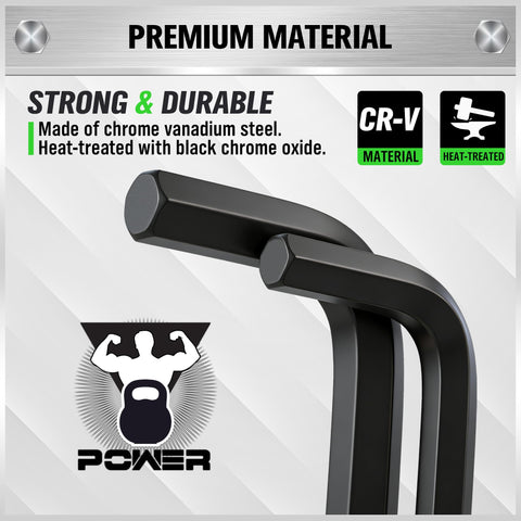 Close-up of chrome vanadium steel L-shaped hex keys from 32 Piece Hex Key Set With SAE And Metric Allen Wrenches.