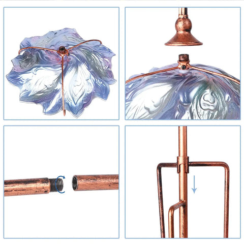 Glass Bird Bath With Metal Stake Garden Decor For Outdoor Vibe, Waterproof And Weather Resistant, Easy to Assemble Four Prong Base