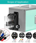 Heavy Duty Pneumatic Crimping Pliers For Quick Cold Press Terminals Compact Desktop Mini Crimper showing connection options and application scope.