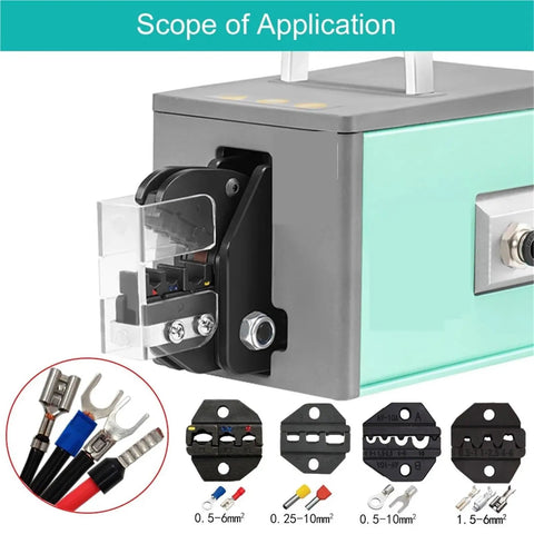 Heavy Duty Pneumatic Crimping Pliers For Quick Cold Press Terminals Compact Desktop Mini Crimper showing connection options and application scope.