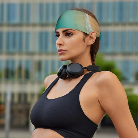 Sweat-Wicking Headband For Sports And Workouts, Ultra Wide 11cm Hairband For Men And Women worn in city setting