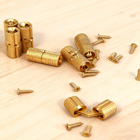 8mm Sleek Dope Hidden Brass Barrel Hinges Set With 180 Degree Opening For Jewelry Boxes And Small Wooden Boxes Concealed Rust Resistant Solid Brass Hardware Includes Installation Screws For DIY Box Projects scattered on wood surface