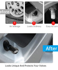 4 Pack Aluminum Tire Valve Stem Caps For Cars Black Anodized Metal Wheel Air Caps showing before and after installation benefits
