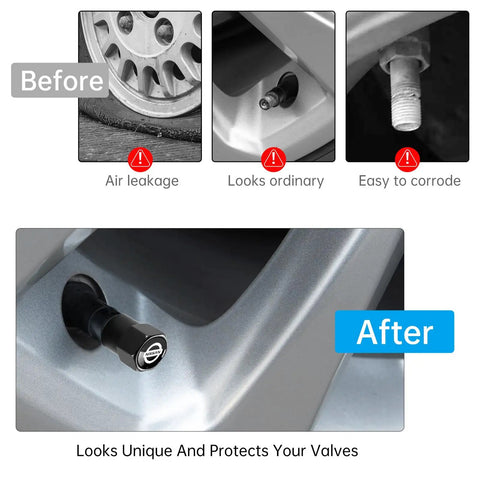4 Pack Aluminum Tire Valve Stem Caps For Cars Black Anodized Metal Wheel Air Caps showing before and after installation benefits