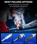 Mechanic using 9-Way Internal And External Slide Hammer Puller Set with 5-lb hammer for hub and dent repair, shown with adapters.