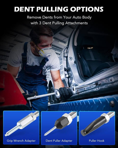 Mechanic using 9-Way Internal And External Slide Hammer Puller Set with 5-lb hammer for hub and dent repair, shown with adapters.