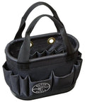 Hard-Body Oval Tool Bucket With Drain Holes And 29 Pockets, Pro Grade Rugged Denier Polyester Organizer For Pros, Black Polypropylene Bottom