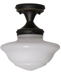 Vintage Schoolhouse Semi Flush Mount Ceiling Light in oil rubbed bronze with white glass shade, 9-inch, farmhouse industrial style.
