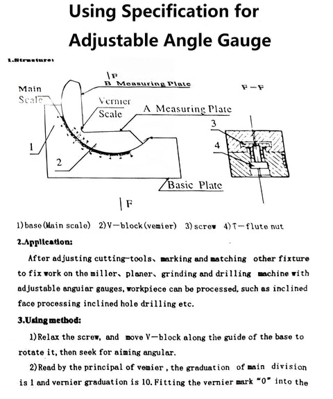 Preamer AP25 adjustable micro angle gauge diagram showing main scale, vernier, A measuring plate and B mounting plate