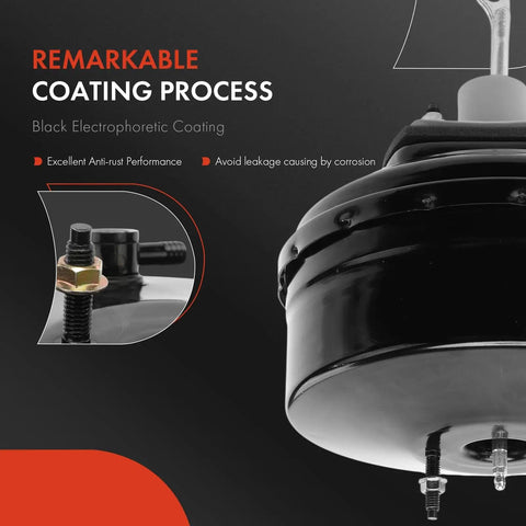 Heavy Duty Vacuum Brake Booster Built For Ford F Super Duty And F 250 Trucks From Eighty Seven Through Ninety Eight showing black electroplated body.