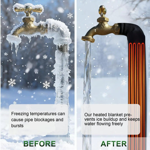 Comparison of icy faucet and flowing water with Outdoor Water Pipe Heating Blanket With 9.8 Foot Cord No-Fuss Freeze Prevention