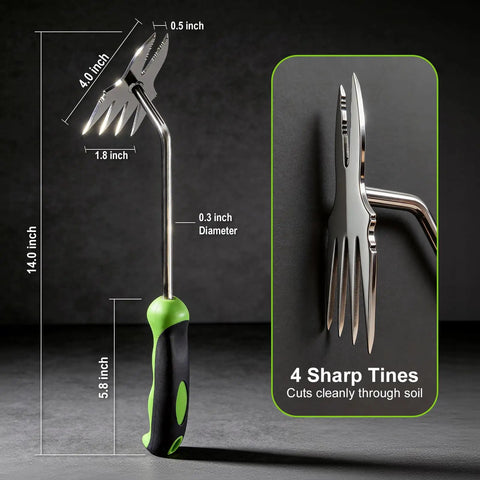 Two-In-One Hand Weeder Tool With Dual Four-Tooth And Two-Tooth Heads, ergonomic non-slip grip, heavy-duty stainless steel, 14-inch