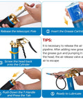 LANNIU grease gun kit with blue cylinder and brass head; five-panel instructional collage showing loading, priming, and lubrication.