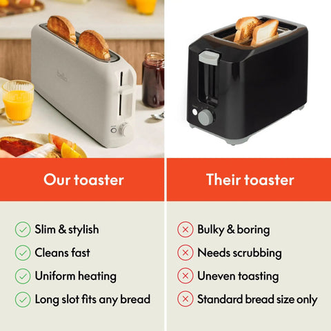 Slick Two Slice Slim Toaster With Hella Long Slots For Versatile Even Heating And A Tight Oat Milk Finish That Ditches Everyday Countertop Clutter While Kicking Out Perfect Crisps Daily on left, black toaster on right.