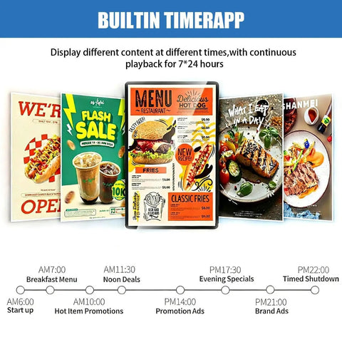 Next Level Clarity On This Hanging Digital Signage Display Featuring Straight Fire Picture Quality With Full Hd 1080p Lcd Panel And Ultra Wide Viewing Angles For Retail Showcasing, showcasing various menu items and promotion timings.
