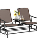 Two Person Cozy Outdoor Swing Glider Chair With Center Tempered Glass Table Patio Rocking Loveseat On Sturdy Steel Frame