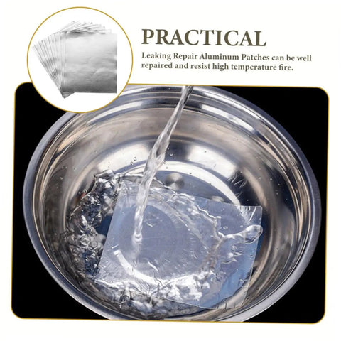 Aluminum Repair Patches For Pots Pans And Cookware, 10 Sheets shown sealing a leak in a metal bowl, water pouring over the patch.