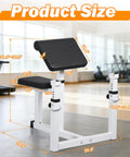 Adjustable Preacher Curl Bench With Barbell Rack For Home Gym, showing size dimensions, heavy duty steel construction for workouts