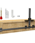 Kick Butt Cabinet Hardware Drill Jig Kit Featuring Detachable 32 Inch And 16 Inch Wood Drill Guide For Drawer Pulls Cabinetry tools and jig setup