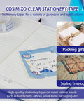 Cosimixo clear stationery tape on a notebook with packing gift and sealing envelope examples.