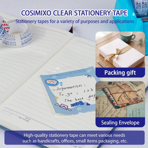 Cosimixo clear stationery tape on a notebook with packing gift and sealing envelope examples.