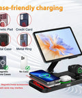 6 In 1 Wireless Charging Station For Apple Devices With foldable stand holding iPad, clock display, charging iPhone, AirPods, watch