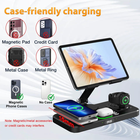 6 In 1 Wireless Charging Station For Apple Devices With foldable stand holding iPad, clock display, charging iPhone, AirPods, watch