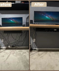 Before and after comparison using Two Pack 15.75 Inch Metal Under Desk Cable Management Tray For Office And Home, Desk Cord Organizer