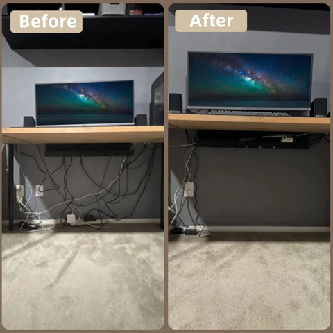 Before and after comparison using Two Pack 15.75 Inch Metal Under Desk Cable Management Tray For Office And Home, Desk Cord Organizer