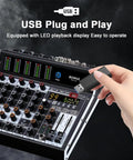 Six Channel Pro Audio Mixer With 99 DSP Effects Phantom Power 48V Bluetooth USB Interface close-up with USB plug.