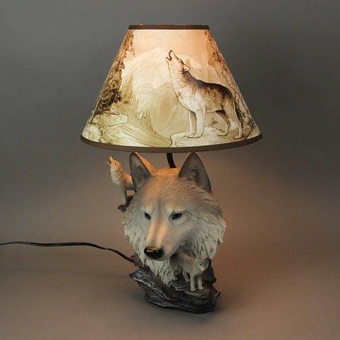 Wolf Bust Table Lamp With Nature Print Shade, 18.5 Inch Tall Cozy Ambient Lighting, 12 Inch Shade Diameter, UL Approved.