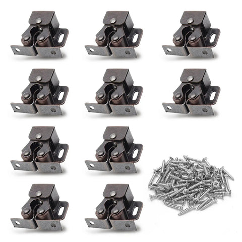 10 Pack Double Roller Cabinet Latches With Spear Strike For Cupboard Closet Door Easy Install Secure Closure Antique Bronze Finish