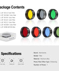 All In One 7 Piece 1.25 Inch Telescope Filter Kit For Planetary And Lunar Viewing Includes Red Orange Yellow Green Blue Eyepiece Filters Plus Moon ND96 Filter For 1.25in Eyepieces Perfect For Serious Stargazing packaging and filters.