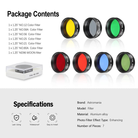 All In One 7 Piece 1.25 Inch Telescope Filter Kit For Planetary And Lunar Viewing Includes Red Orange Yellow Green Blue Eyepiece Filters Plus Moon ND96 Filter For 1.25in Eyepieces Perfect For Serious Stargazing packaging and filters.